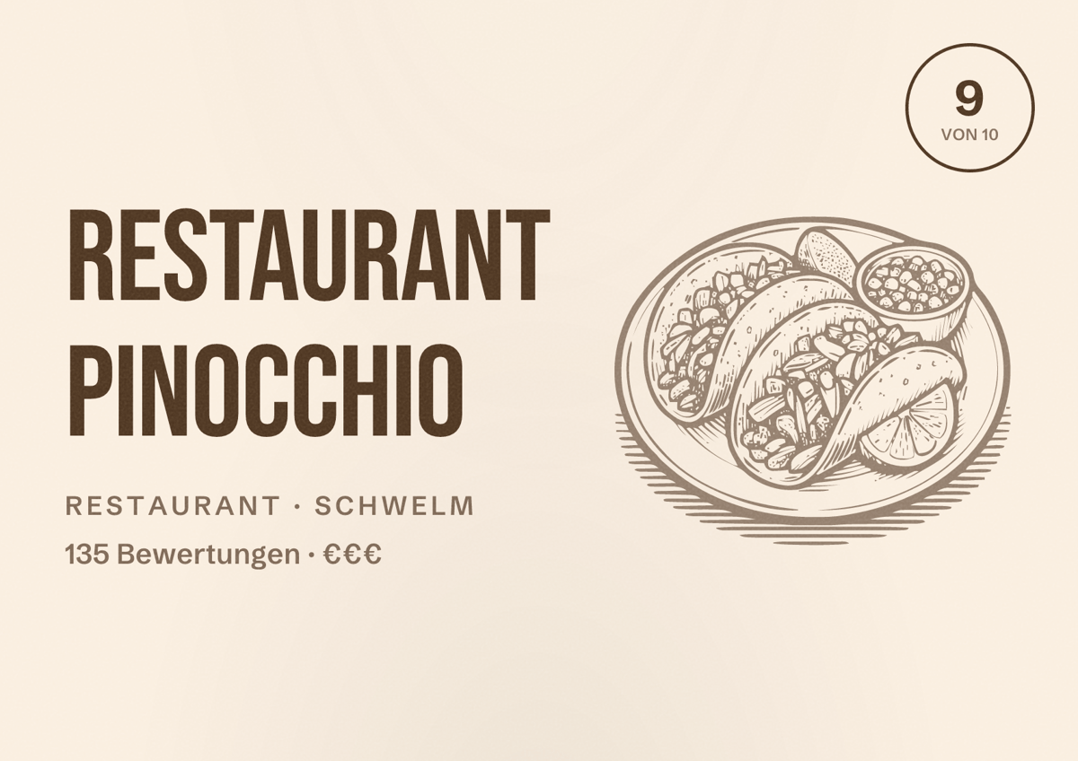 Illustriertes Poster von Restaurant Pinocchio, Restaurant in Schwelm: Bewertung 9 von 10 aus 135 Bewertungen, Preisniveau €€€