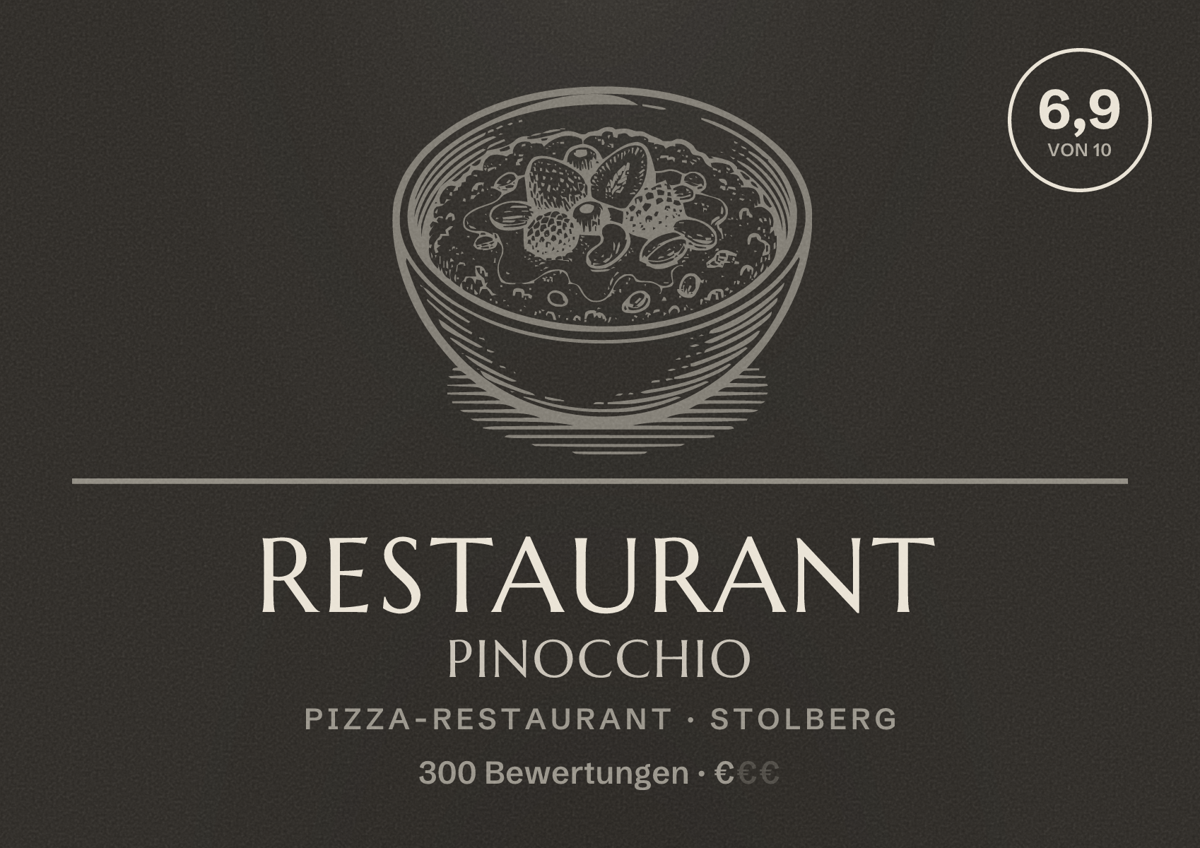 Illustriertes Poster von Restaurant Pinocchio, Pizza-Restaurant in Stolberg: Bewertung 6,9 von 10 aus 300 Bewertungen, Preisniveau €