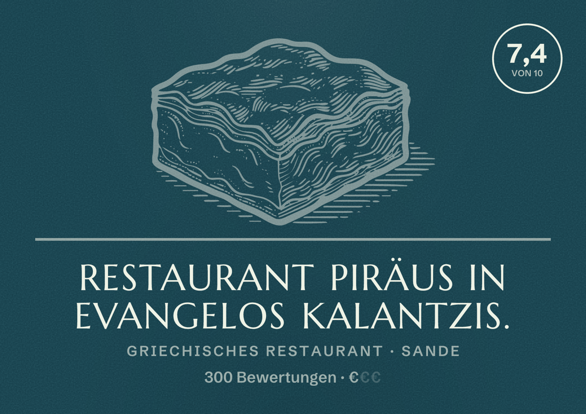 Illustriertes Poster von Restaurant Piräus in Evangelos Kalantzis., Griechisches Restaurant in Sande: Bewertung 7,4 von 10 aus 300 Bewertungen, Preisniveau €