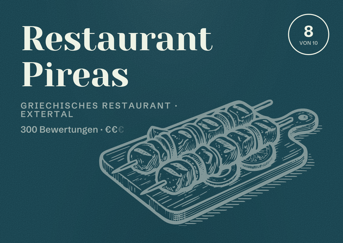 Illustriertes Poster von Restaurant Pireas, Griechisches Restaurant in Extertal: Bewertung 8 von 10 aus 300 Bewertungen, Preisniveau €€