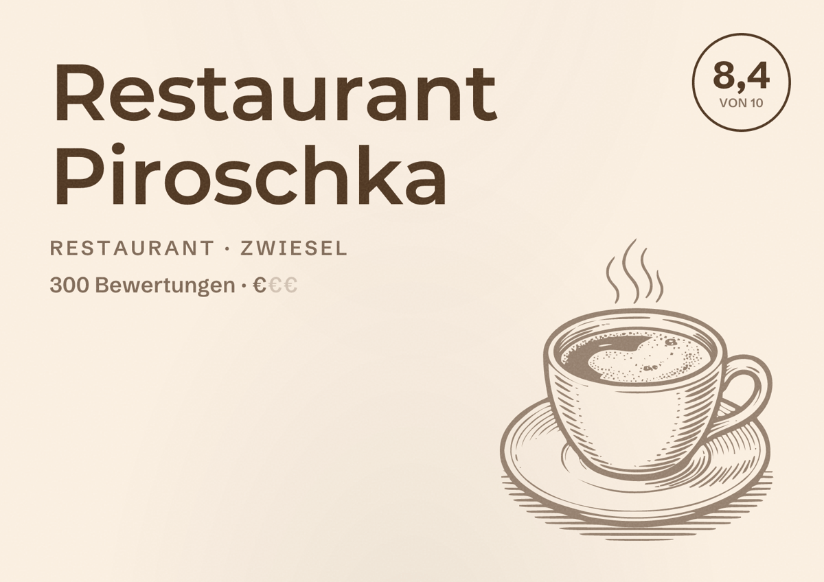 Illustriertes Poster von Restaurant Piroschka, Restaurant in Zwiesel: Bewertung 8,4 von 10 aus 300 Bewertungen, Preisniveau €