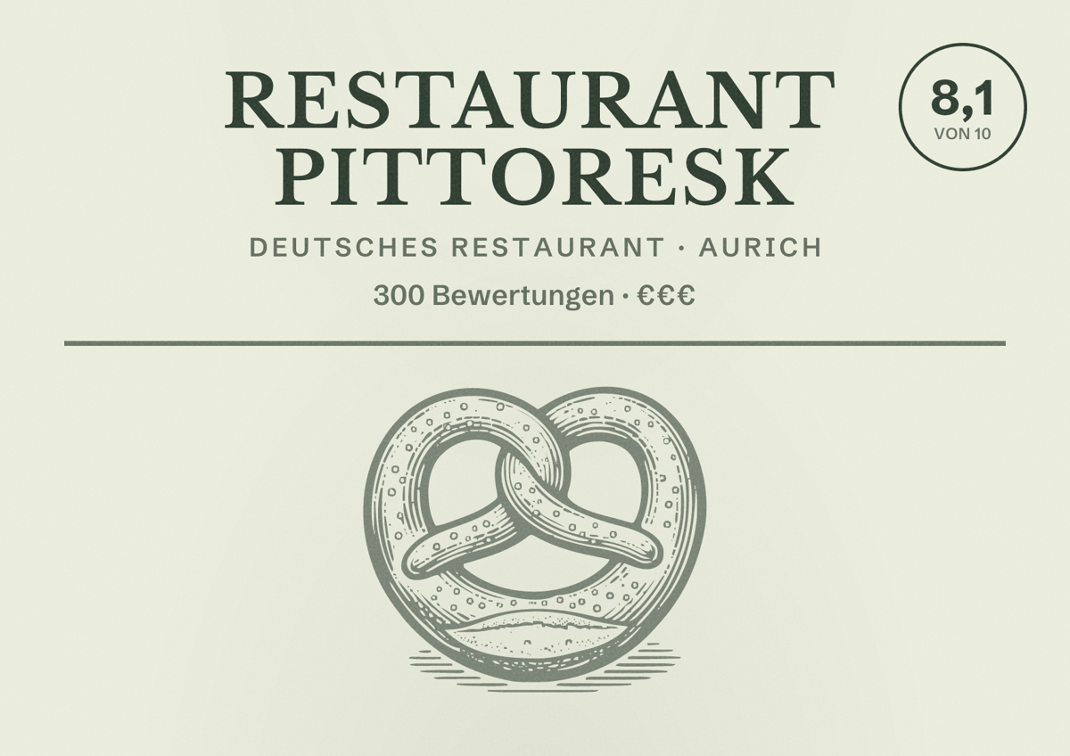 Illustriertes Poster von Restaurant Pittoresk, Deutsches Restaurant in Aurich: Bewertung 8,1 von 10 aus 300 Bewertungen, Preisniveau €€€