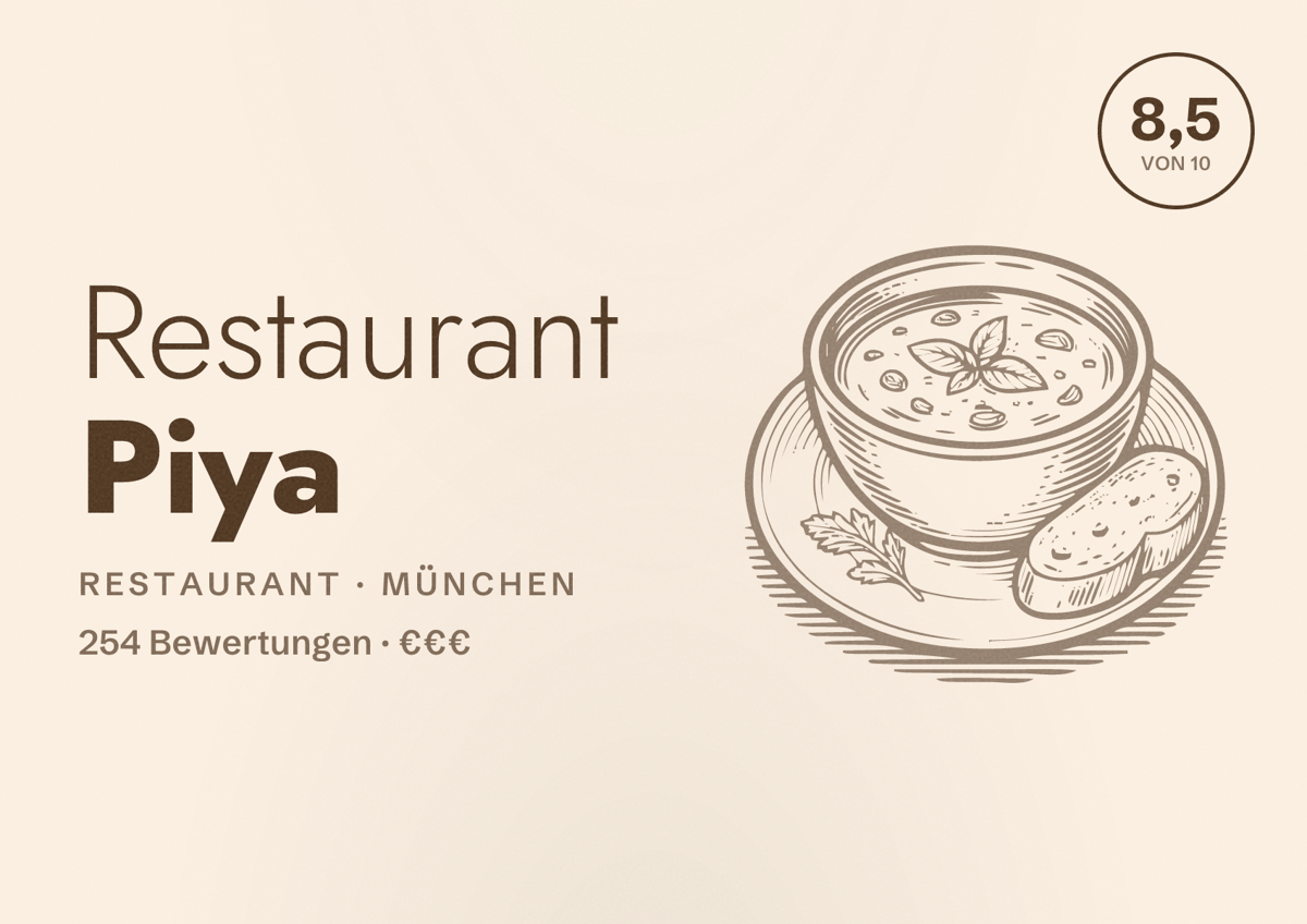 Illustriertes Poster von Restaurant Piya, Restaurant in München: Bewertung 8,5 von 10 aus 254 Bewertungen, Preisniveau €€€