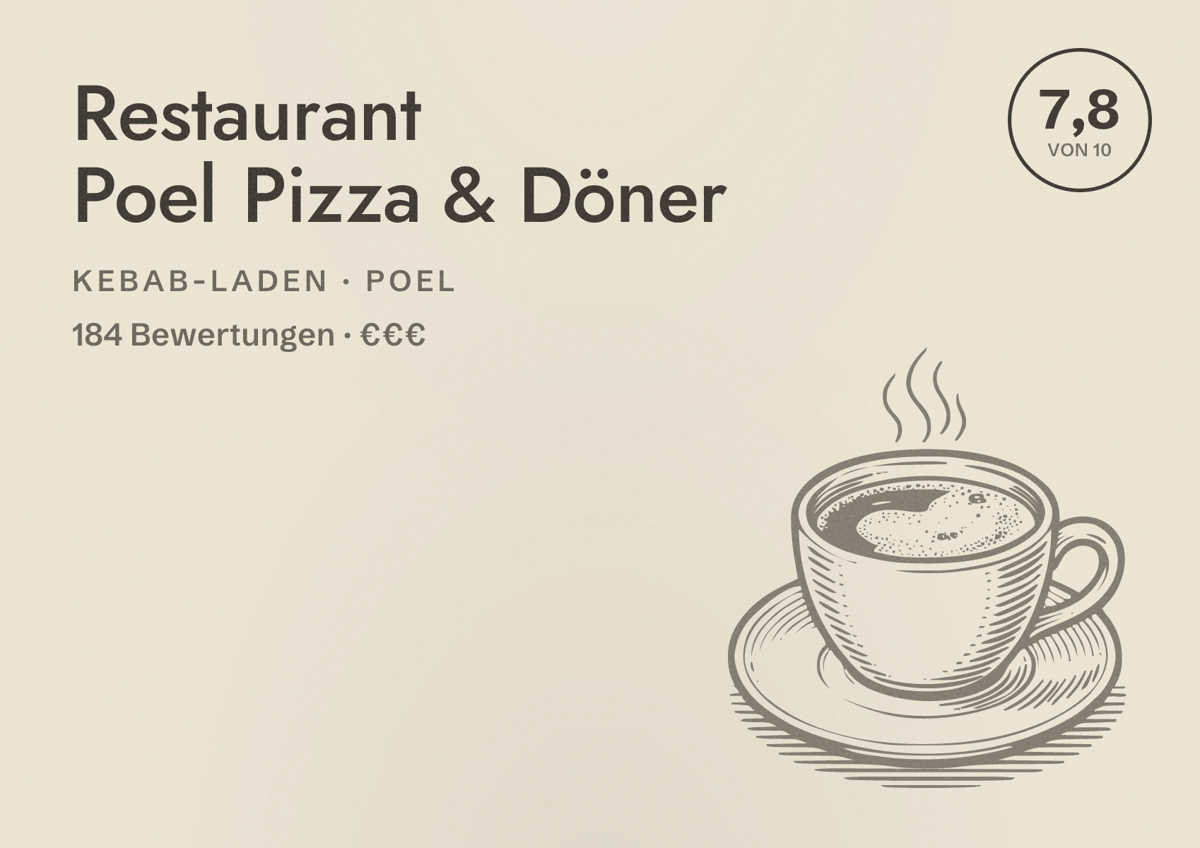 Illustriertes Poster von Restaurant Poel Pizza & Döner, Kebab-Laden in Poel: Bewertung 7,8 von 10 aus 184 Bewertungen, Preisniveau €€€