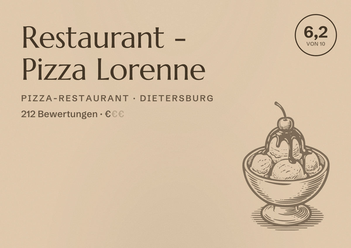 Illustriertes Poster von Restaurant - Pizza Lorenne, Pizza-Restaurant in Dietersburg: Bewertung 6,2 von 10 aus 212 Bewertungen, Preisniveau €