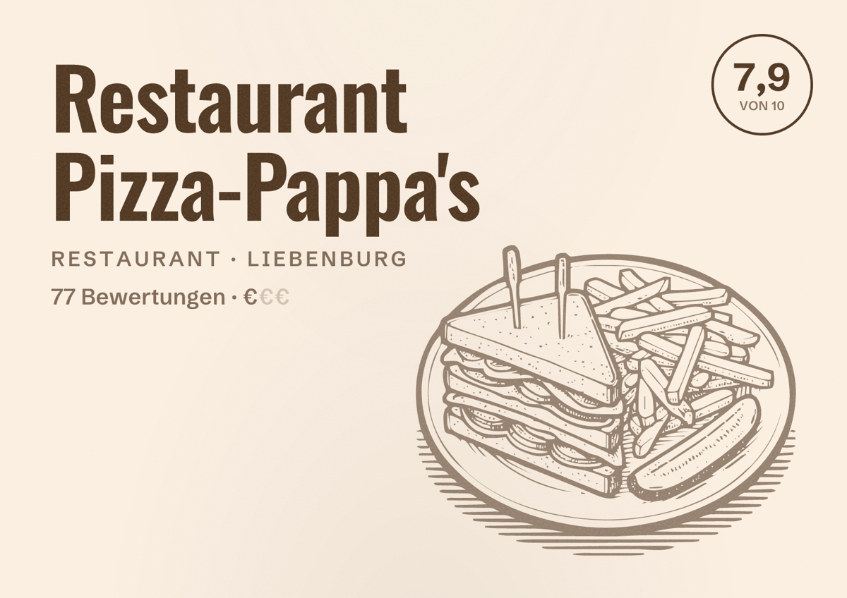 Illustriertes Poster von Restaurant Pizza-Pappa's, Restaurant in Liebenburg: Bewertung 7,9 von 10 aus 77 Bewertungen, Preisniveau €