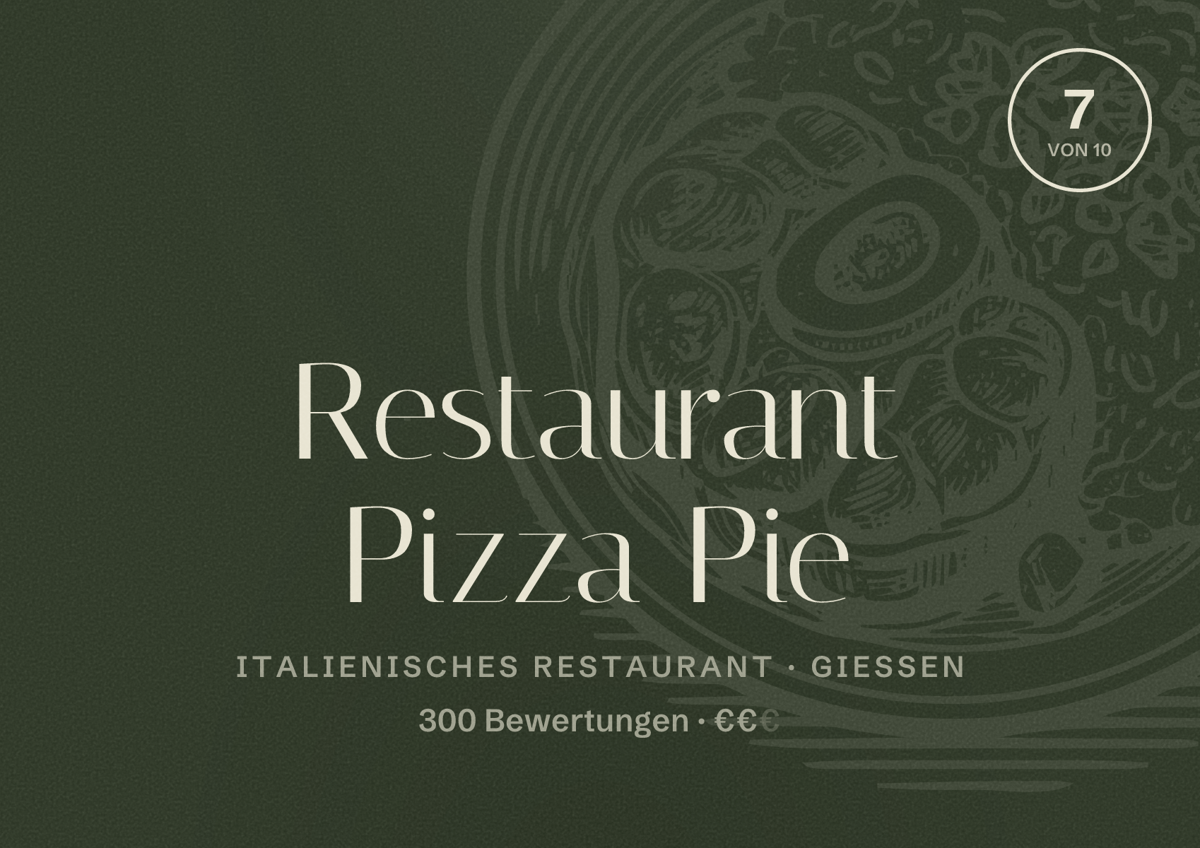 Illustriertes Poster von Restaurant Pizza Pie, Italienisches Restaurant in Gießen: Bewertung 7 von 10 aus 300 Bewertungen, Preisniveau €€