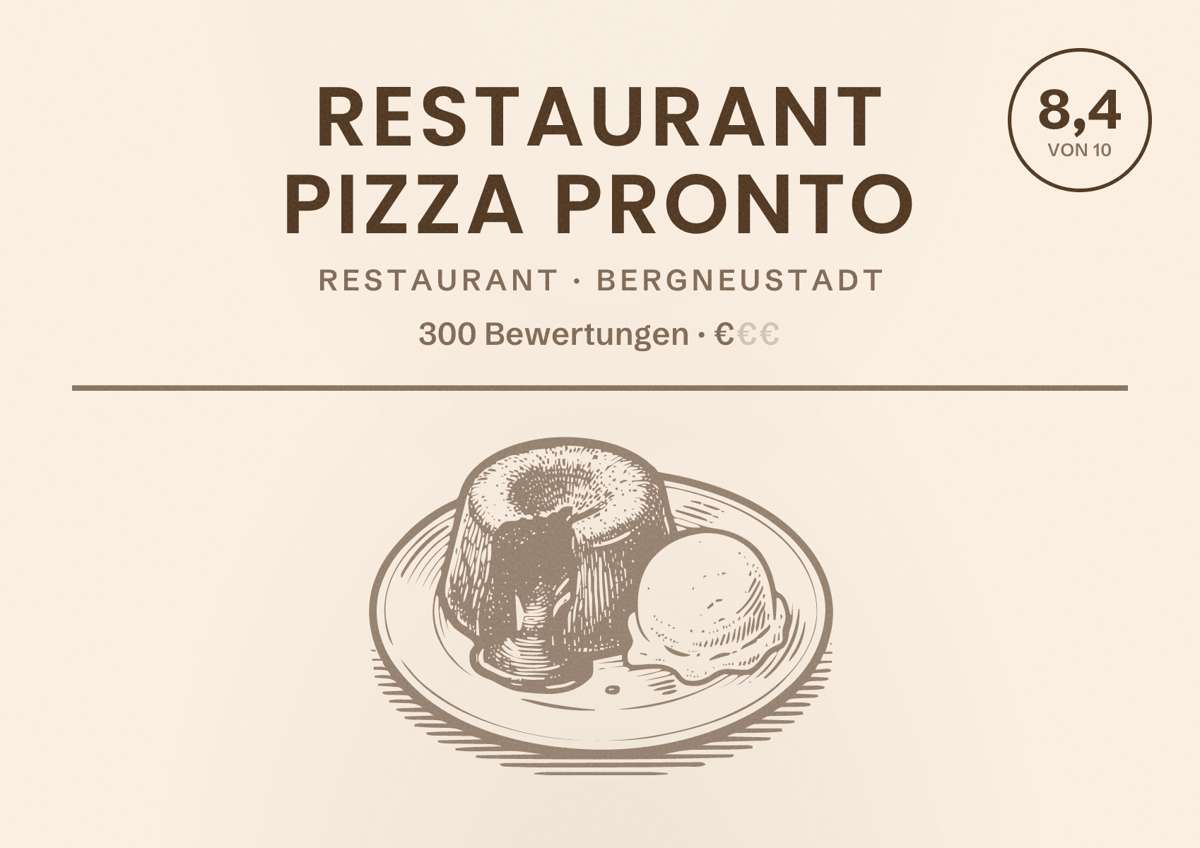 Illustriertes Poster von Restaurant Pizza Pronto, Restaurant in Bergneustadt: Bewertung 8,4 von 10 aus 300 Bewertungen, Preisniveau €