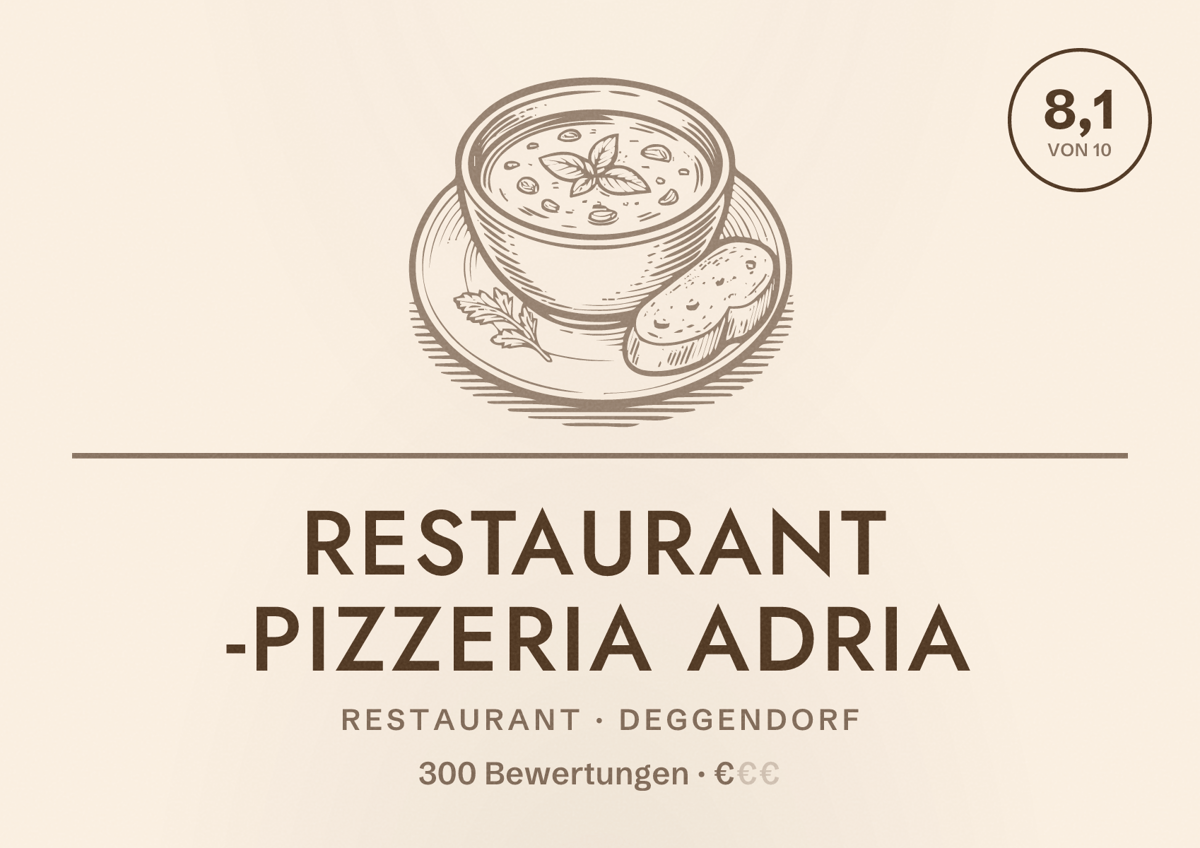 Illustriertes Poster von Restaurant -Pizzeria Adria, Restaurant in Deggendorf: Bewertung 8,1 von 10 aus 300 Bewertungen, Preisniveau €