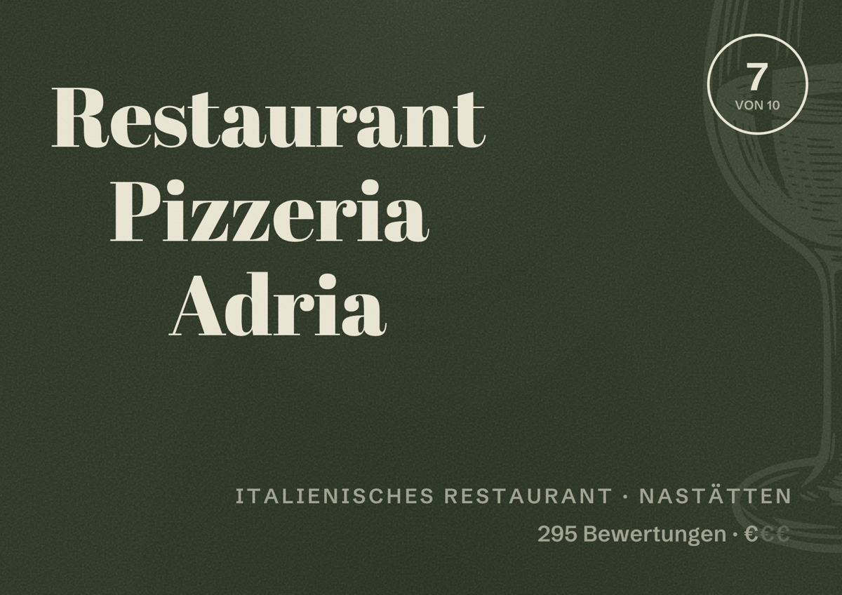 Illustriertes Poster von Restaurant Pizzeria Adria, Italienisches Restaurant in Nastätten: Bewertung 7 von 10 aus 295 Bewertungen, Preisniveau €