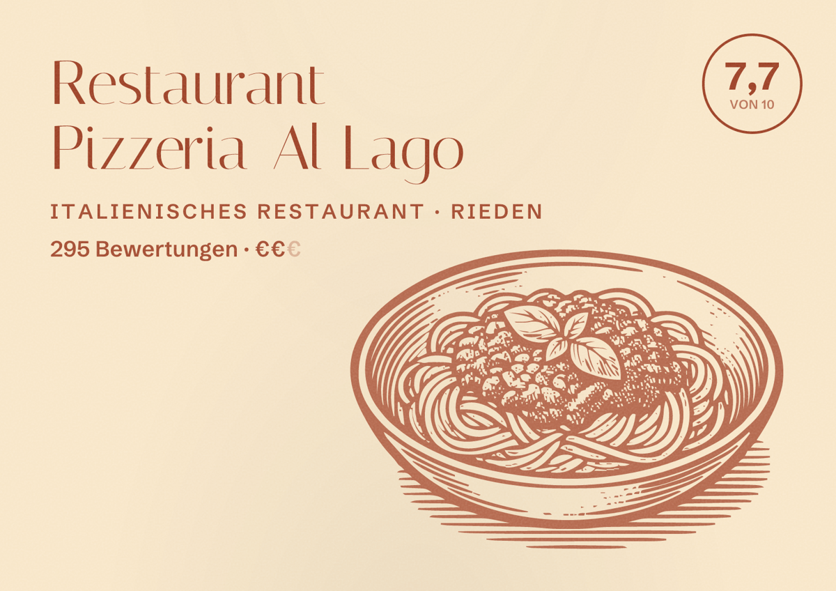Illustriertes Poster von Restaurant Pizzeria Al Lago, Italienisches Restaurant in Rieden: Bewertung 7,7 von 10 aus 295 Bewertungen, Preisniveau €€