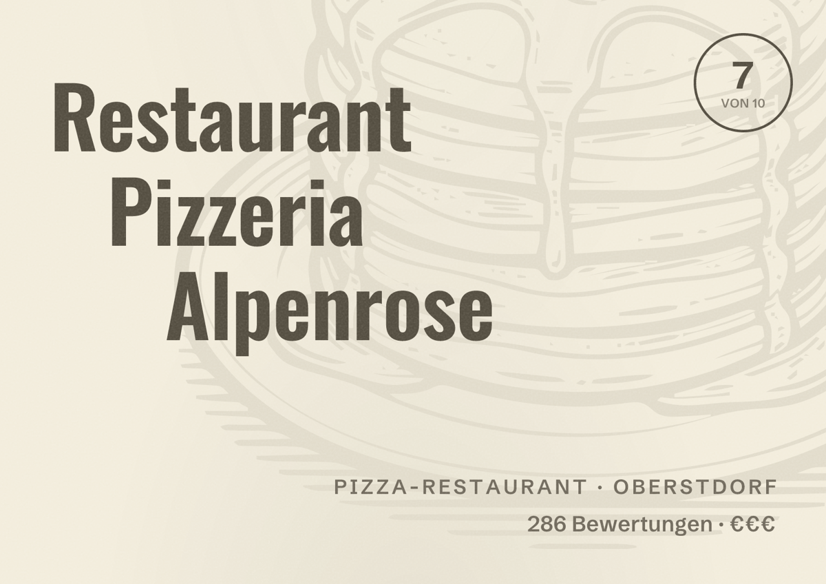 Illustriertes Poster von Restaurant Pizzeria Alpenrose, Pizza-Restaurant in Oberstdorf: Bewertung 7 von 10 aus 286 Bewertungen, Preisniveau €€€