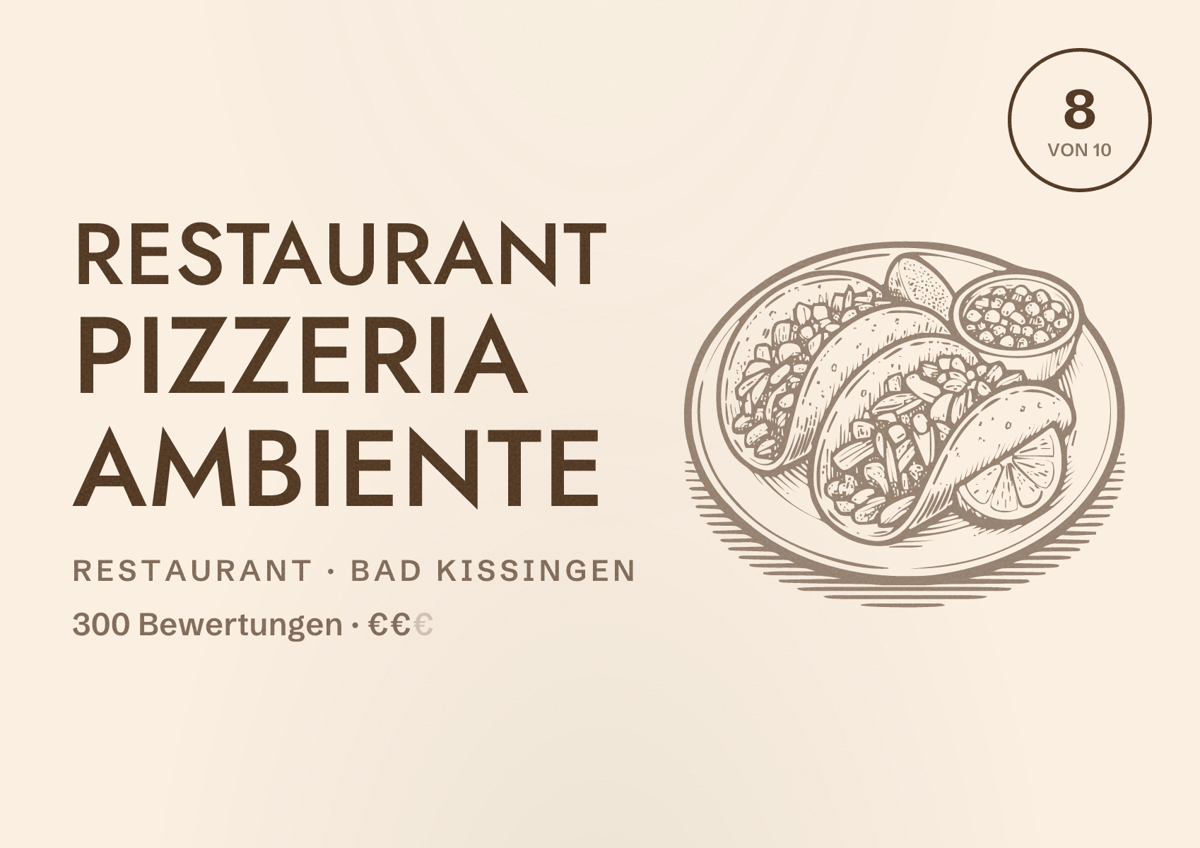 Illustriertes Poster von Restaurant Pizzeria Ambiente, Restaurant in Bad Kissingen: Bewertung 8 von 10 aus 300 Bewertungen, Preisniveau €€