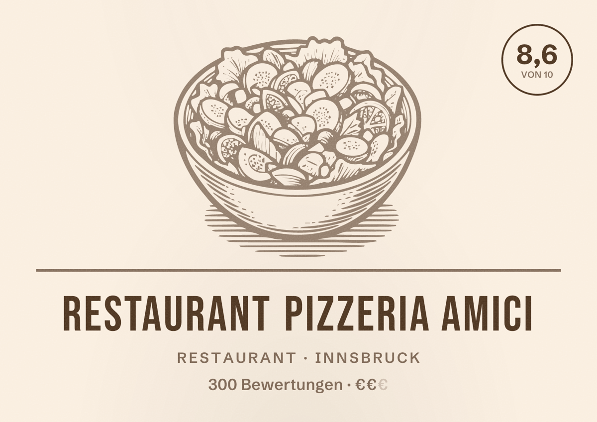 Illustriertes Poster von Restaurant Pizzeria Amici, Restaurant in Innsbruck: Bewertung 8,6 von 10 aus 300 Bewertungen, Preisniveau €€