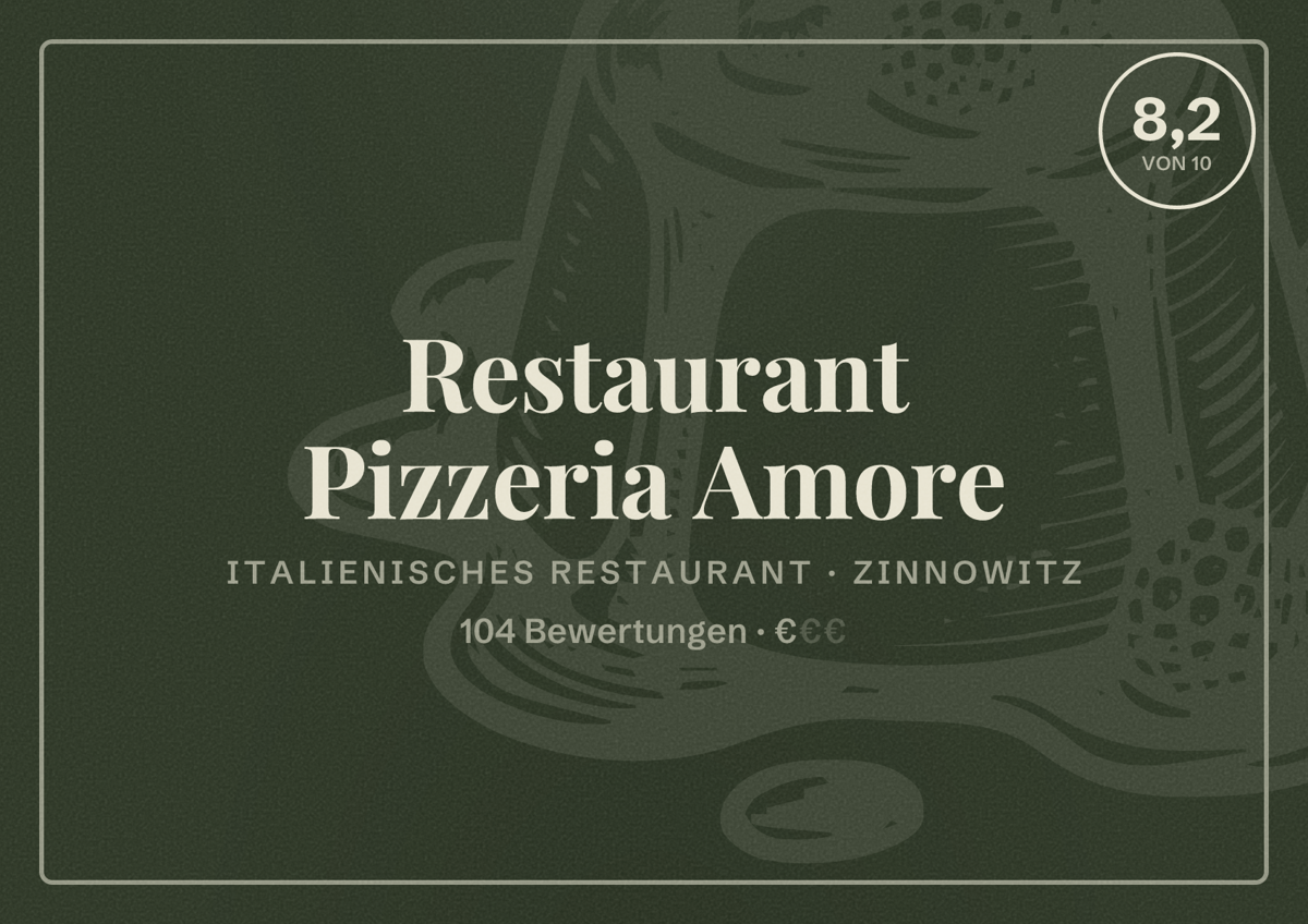 Illustriertes Poster von Restaurant Pizzeria Amore, Italienisches Restaurant in Zinnowitz: Bewertung 8,2 von 10 aus 104 Bewertungen, Preisniveau €