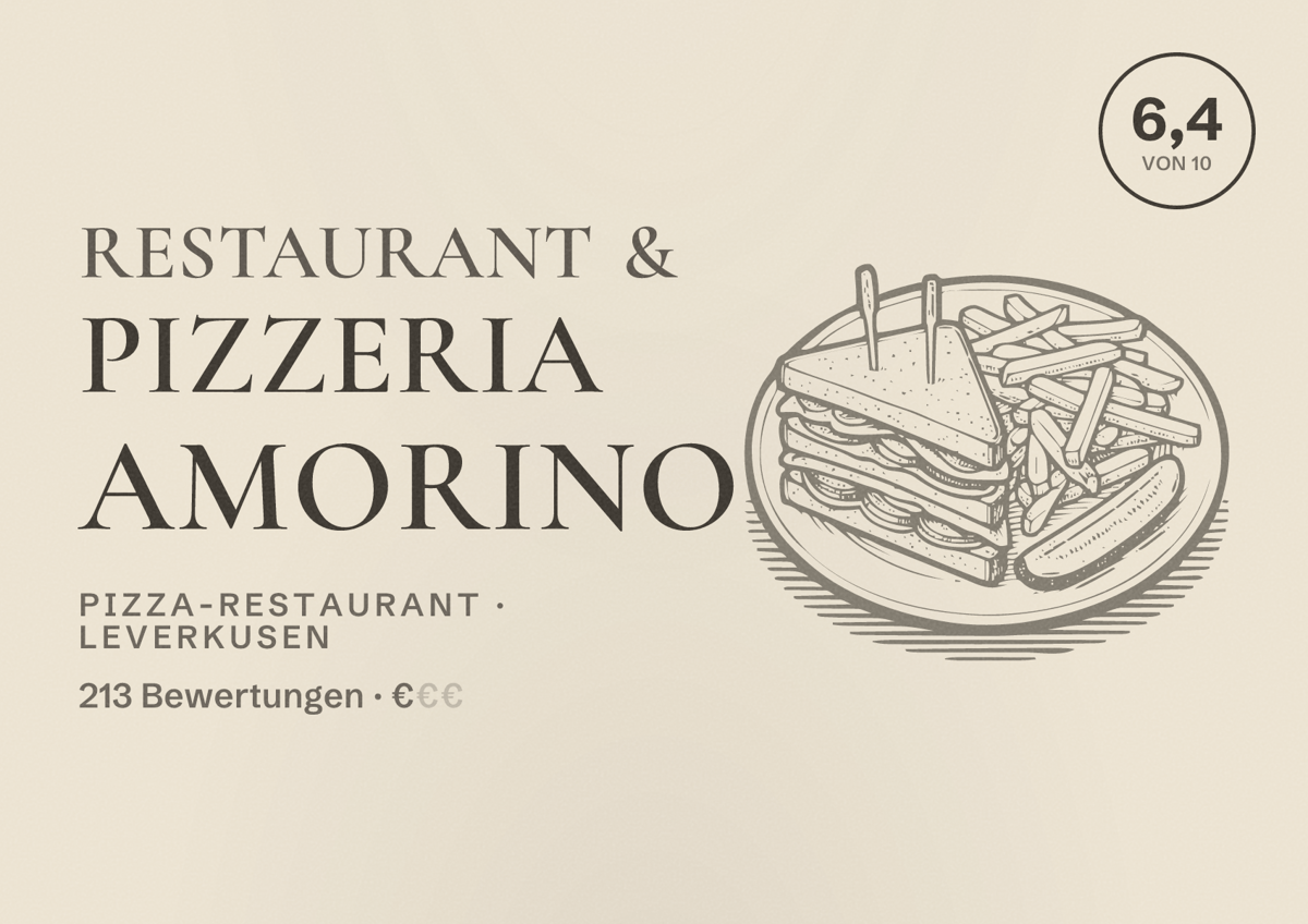Illustriertes Poster von Restaurant & Pizzeria Amorino, Pizza-Restaurant in Leverkusen: Bewertung 6,4 von 10 aus 213 Bewertungen, Preisniveau €