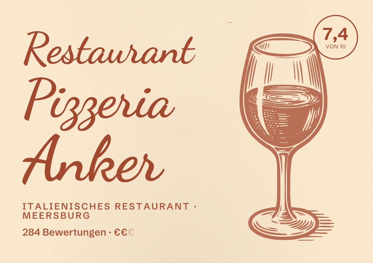 Illustriertes Poster von Restaurant Pizzeria Anker, Italienisches Restaurant in Meersburg: Bewertung 7,4 von 10 aus 284 Bewertungen, Preisniveau €€