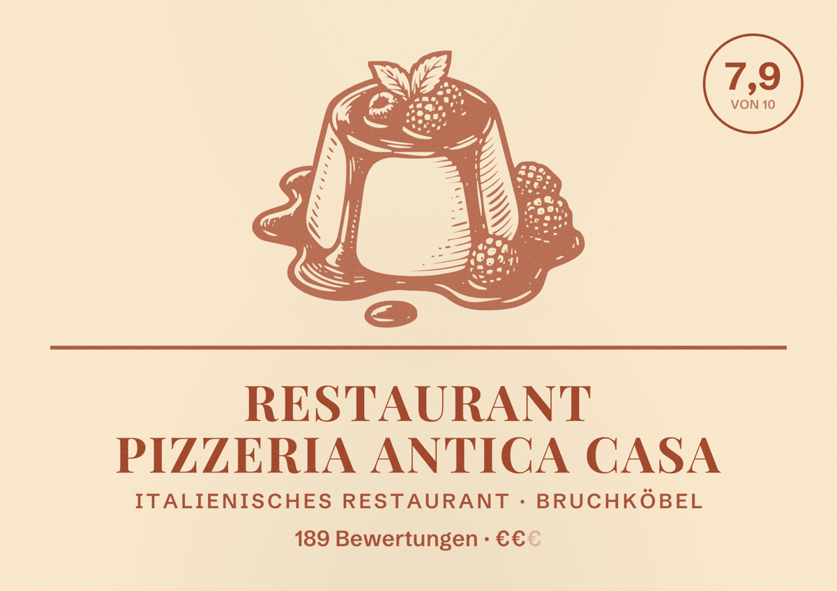 Illustriertes Poster von Restaurant Pizzeria Antica Casa, Italienisches Restaurant in Bruchköbel: Bewertung 7,9 von 10 aus 189 Bewertungen, Preisniveau €€