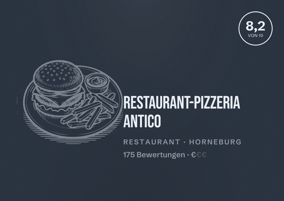 Illustriertes Poster von Restaurant-Pizzeria Antico, Restaurant in Horneburg: Bewertung 8,2 von 10 aus 175 Bewertungen, Preisniveau €