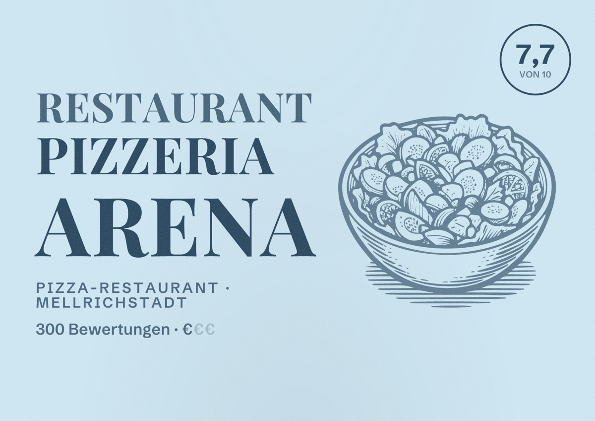 Illustriertes Poster von Restaurant Pizzeria Arena, Pizza-Restaurant in Mellrichstadt: Bewertung 7,7 von 10 aus 300 Bewertungen, Preisniveau €