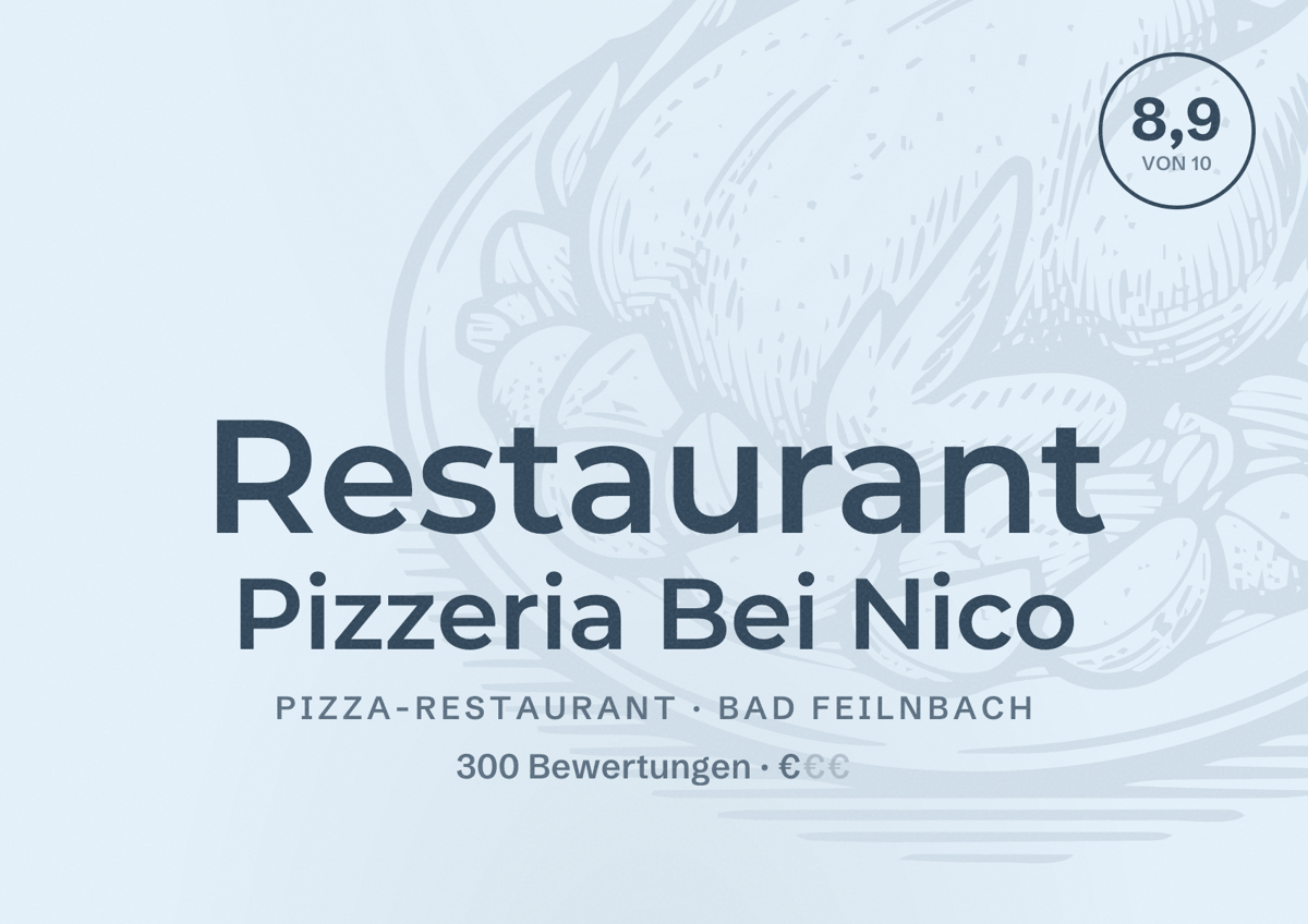 Illustriertes Poster von Restaurant Pizzeria Bei Nico, Pizza-Restaurant in Bad Feilnbach: Bewertung 8,9 von 10 aus 300 Bewertungen, Preisniveau €