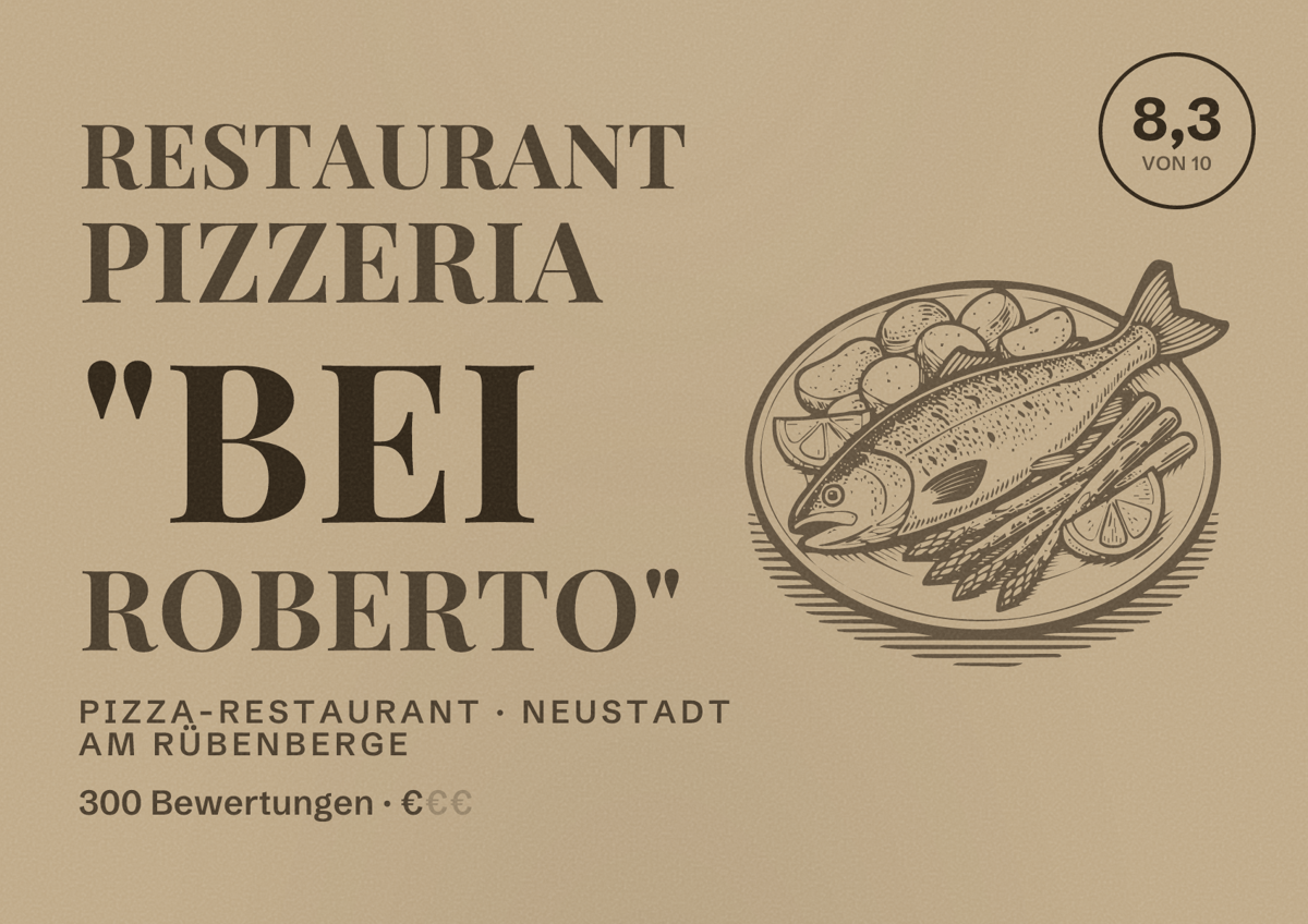 Illustriertes Poster von Restaurant Pizzeria "Bei Roberto", Pizza-Restaurant in Neustadt am Rübenberge: Bewertung 8,3 von 10 aus 300 Bewertungen, Preisniveau €