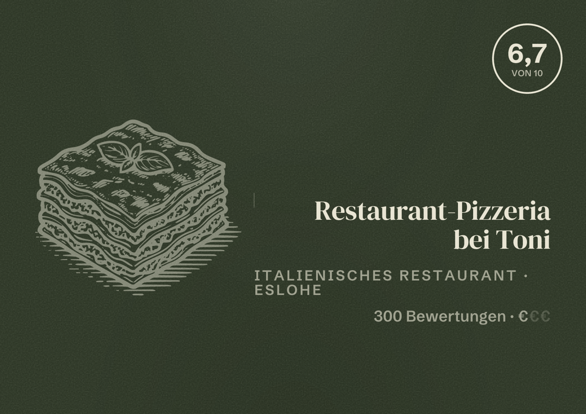 Illustriertes Poster von Restaurant-Pizzeria bei Toni, Italienisches Restaurant in Eslohe: Bewertung 6,7 von 10 aus 300 Bewertungen, Preisniveau €