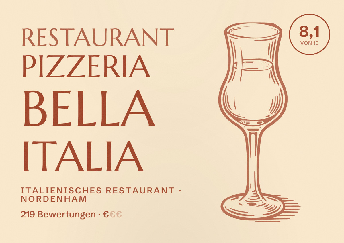 Illustriertes Poster von Restaurant Pizzeria Bella Italia, Italienisches Restaurant in Nordenham: Bewertung 8,1 von 10 aus 219 Bewertungen, Preisniveau €