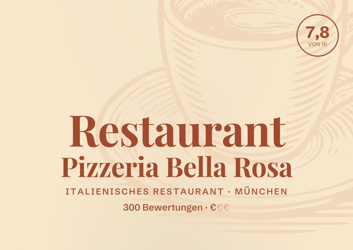 Illustriertes Poster von Restaurant Pizzeria Bella Rosa, Italienisches Restaurant in München: Bewertung 7,8 von 10 aus 300 Bewertungen, Preisniveau €