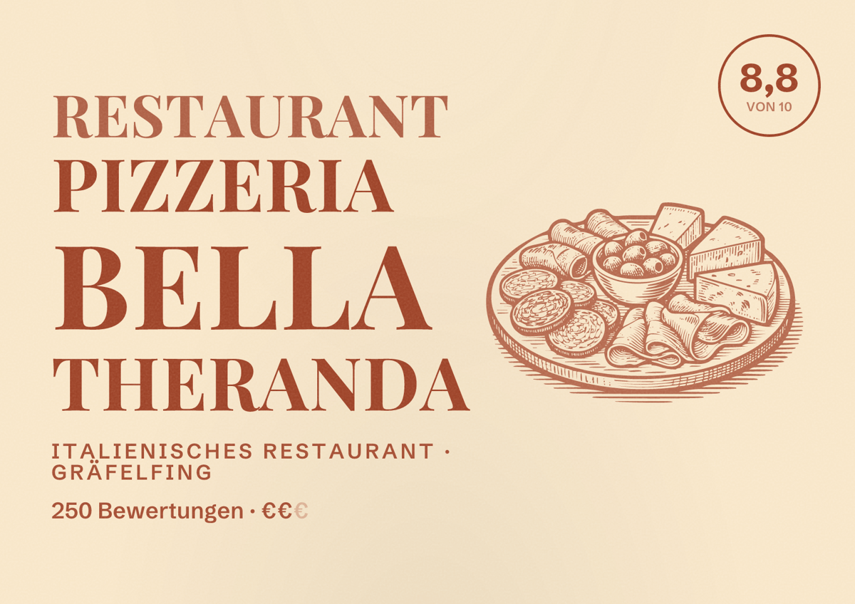 Illustriertes Poster von Restaurant Pizzeria Bella Theranda, Italienisches Restaurant in Gräfelfing: Bewertung 8,8 von 10 aus 250 Bewertungen, Preisniveau €€