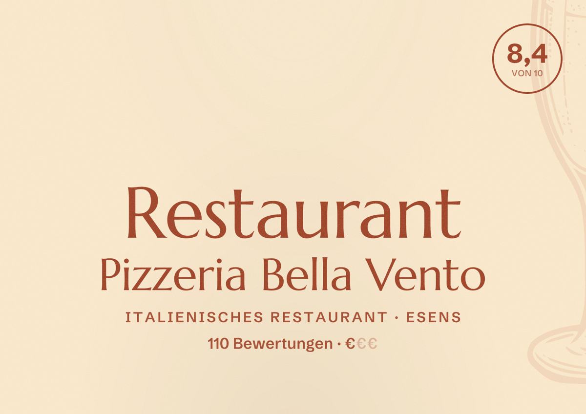 Illustriertes Poster von Restaurant Pizzeria Bella Vento, Italienisches Restaurant in Esens: Bewertung 8,4 von 10 aus 110 Bewertungen, Preisniveau €