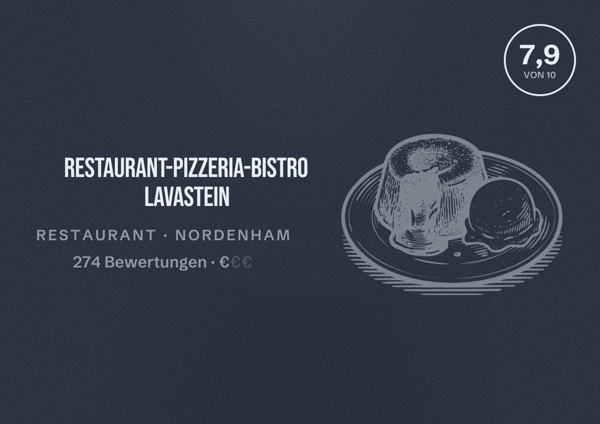 Illustriertes Poster von Restaurant-Pizzeria-Bistro Lavastein, Restaurant in Nordenham: Bewertung 7,9 von 10 aus 274 Bewertungen, Preisniveau €