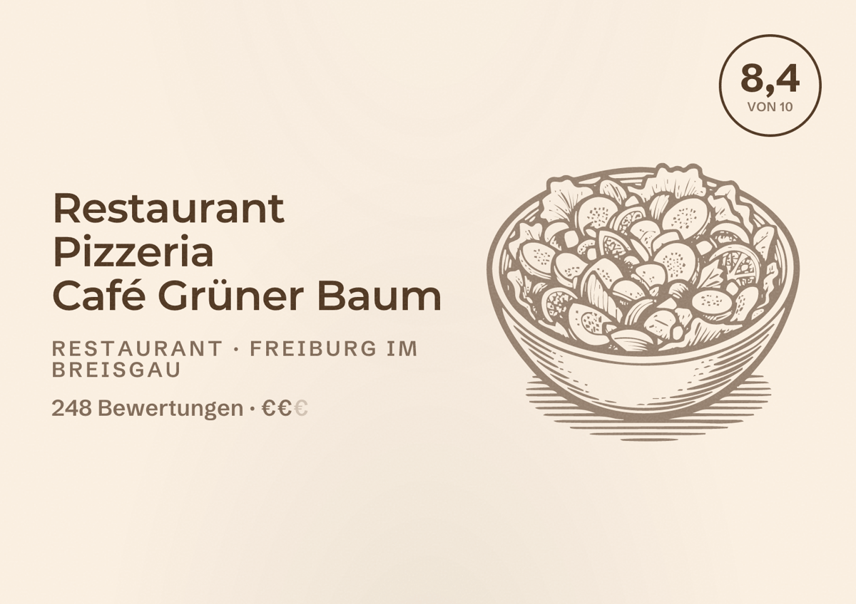 Illustriertes Poster von Restaurant Pizzeria Café Grüner Baum, Restaurant in Freiburg im Breisgau: Bewertung 8,4 von 10 aus 248 Bewertungen, Preisniveau €€