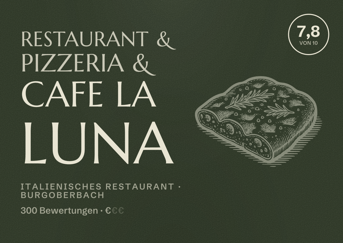 Illustriertes Poster von Restaurant & Pizzeria & Cafe La Luna, Italienisches Restaurant in Burgoberbach: Bewertung 7,8 von 10 aus 300 Bewertungen, Preisniveau €
