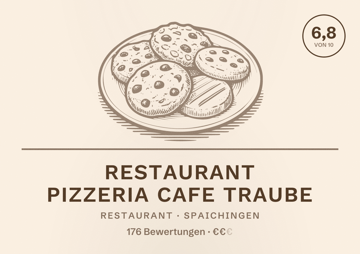 Illustriertes Poster von Restaurant Pizzeria Cafe Traube, Restaurant in Spaichingen: Bewertung 6,8 von 10 aus 176 Bewertungen, Preisniveau €€