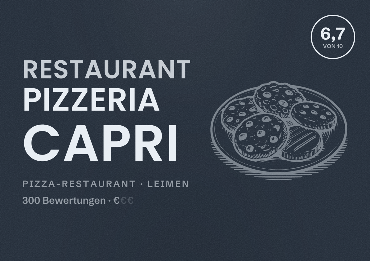 Illustriertes Poster von Restaurant Pizzeria Capri, Pizza-Restaurant in Leimen: Bewertung 6,7 von 10 aus 300 Bewertungen, Preisniveau €