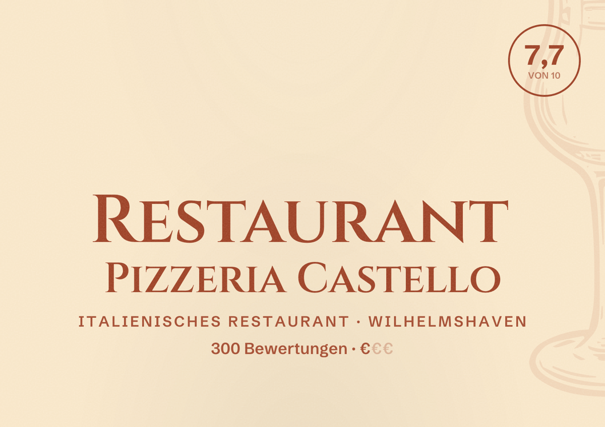 Illustriertes Poster von Restaurant Pizzeria Castello, Italienisches Restaurant in Wilhelmshaven: Bewertung 7,7 von 10 aus 300 Bewertungen, Preisniveau €