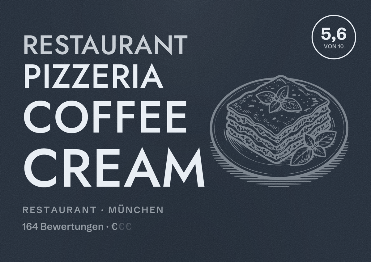 Illustriertes Poster von Restaurant Pizzeria Coffee Cream, Restaurant in München: Bewertung 5,6 von 10 aus 164 Bewertungen, Preisniveau €