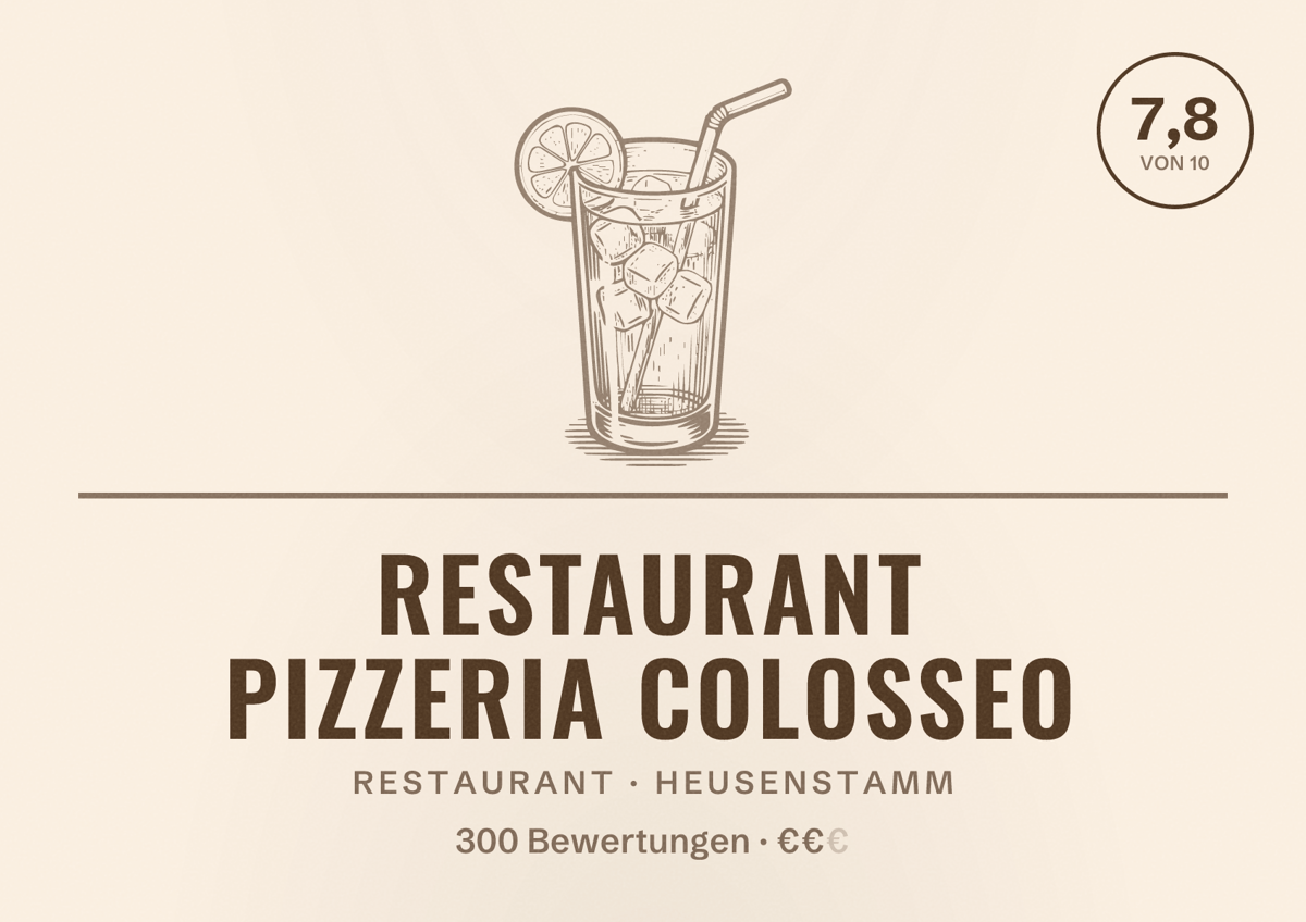 Illustriertes Poster von Restaurant Pizzeria Colosseo, Restaurant in Heusenstamm: Bewertung 7,8 von 10 aus 300 Bewertungen, Preisniveau €€