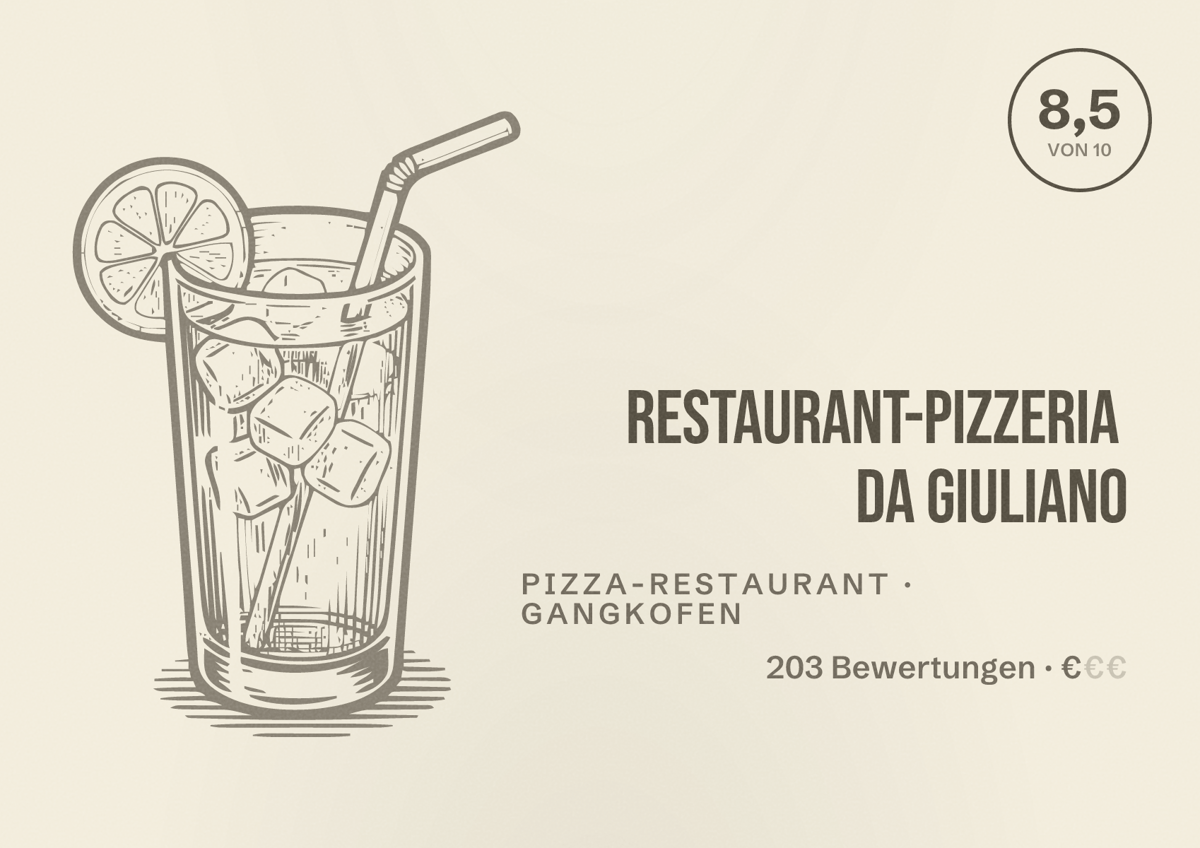 Illustriertes Poster von Restaurant-Pizzeria Da Giuliano, Pizza-Restaurant in Gangkofen: Bewertung 8,5 von 10 aus 203 Bewertungen, Preisniveau €