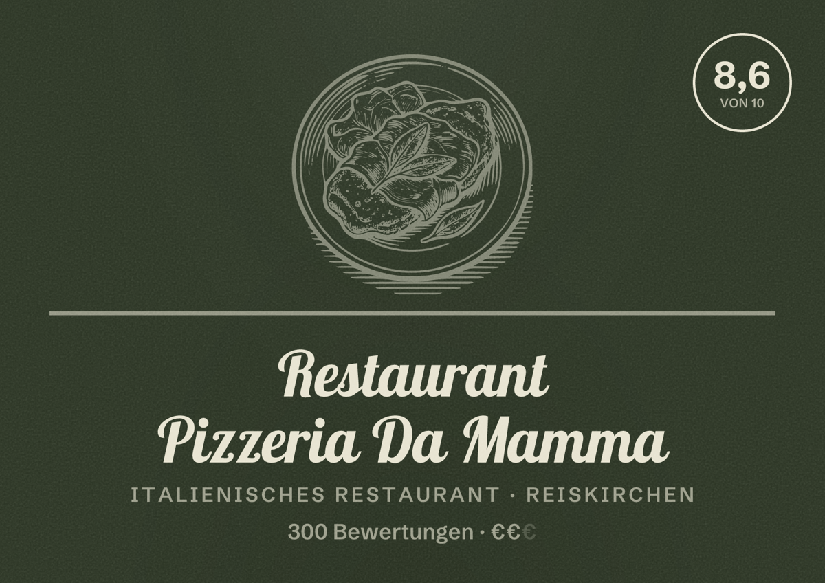 Illustriertes Poster von Restaurant Pizzeria Da Mamma, Italienisches Restaurant in Reiskirchen: Bewertung 8,6 von 10 aus 300 Bewertungen, Preisniveau €€