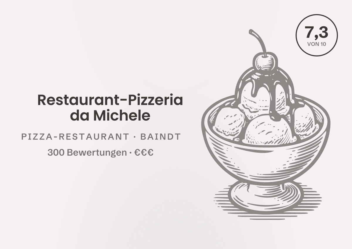 Illustriertes Poster von Restaurant-Pizzeria da Michele, Pizza-Restaurant in Baindt: Bewertung 7,3 von 10 aus 300 Bewertungen, Preisniveau €€€