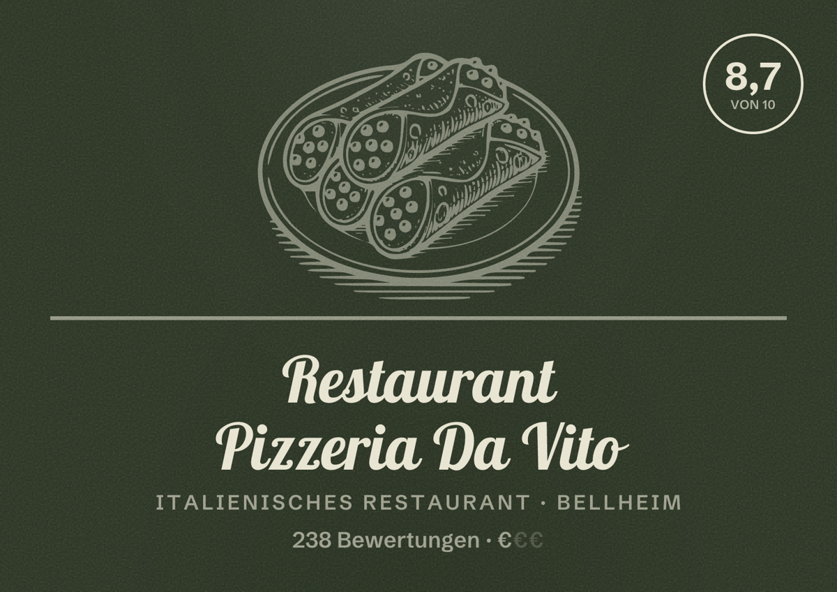 Illustriertes Poster von Restaurant Pizzeria Da Vito, Italienisches Restaurant in Bellheim: Bewertung 8,7 von 10 aus 238 Bewertungen, Preisniveau €