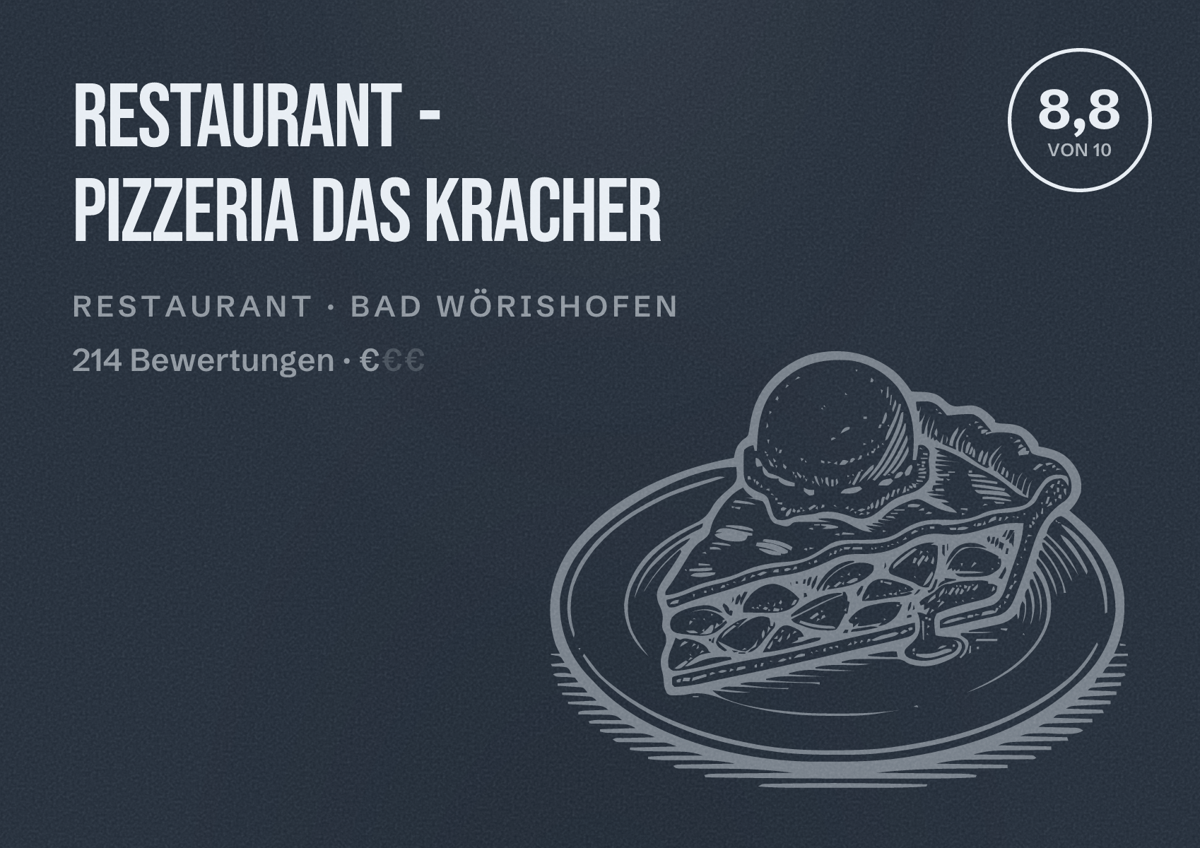 Illustriertes Poster von Restaurant - Pizzeria Das Kracher, Restaurant in Bad Wörishofen: Bewertung 8,8 von 10 aus 214 Bewertungen, Preisniveau €