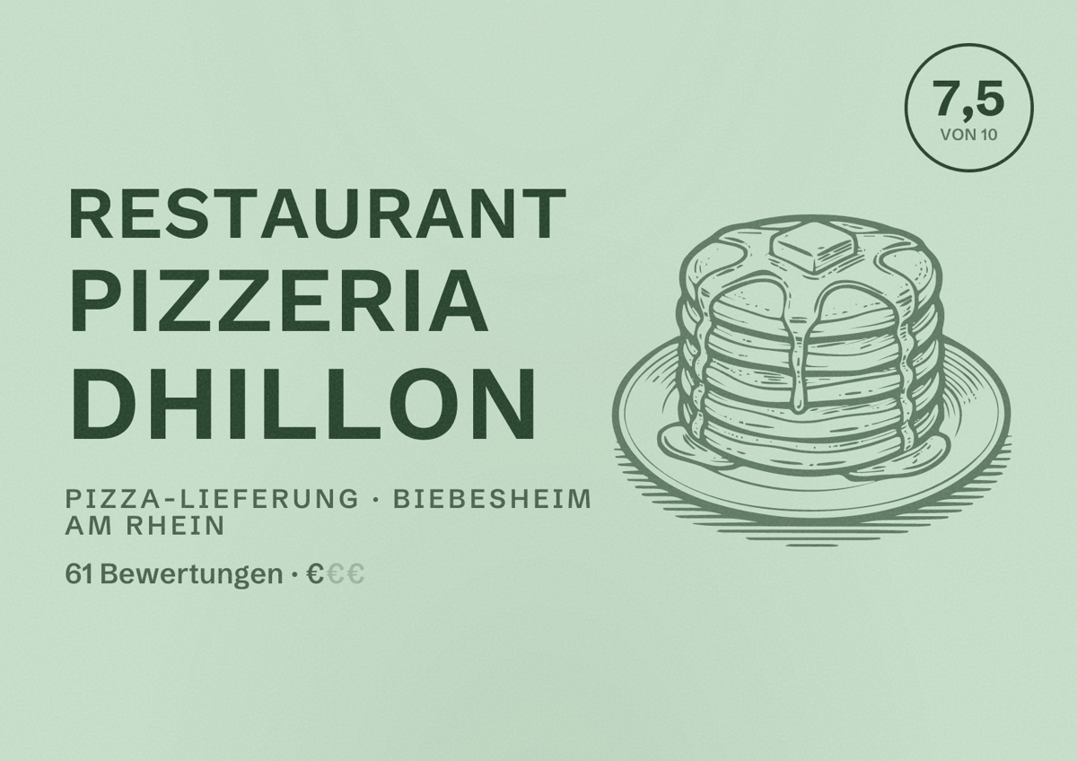 Illustriertes Poster von Restaurant Pizzeria Dhillon, Pizza-Lieferung in Biebesheim am Rhein: Bewertung 7,5 von 10 aus 61 Bewertungen, Preisniveau €