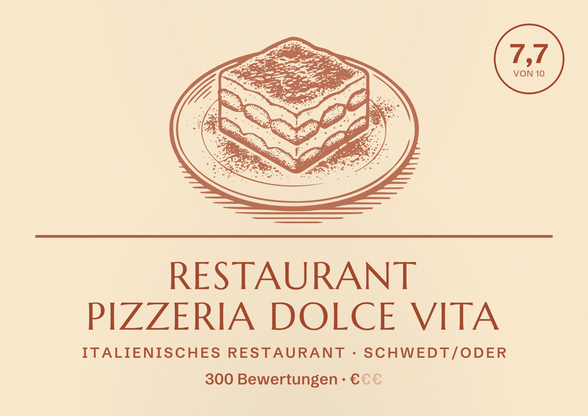 Illustriertes Poster von Restaurant Pizzeria Dolce Vita, Italienisches Restaurant in Schwedt/Oder: Bewertung 7,7 von 10 aus 300 Bewertungen, Preisniveau €