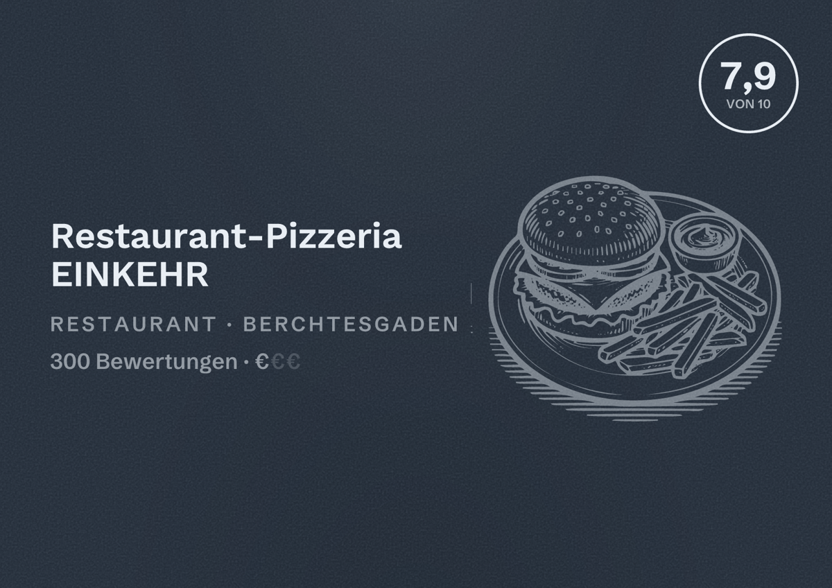 Illustriertes Poster von Restaurant-Pizzeria EINKEHR, Restaurant in Berchtesgaden: Bewertung 7,9 von 10 aus 300 Bewertungen, Preisniveau €