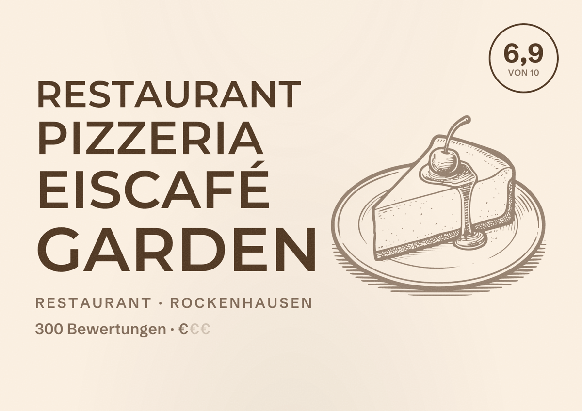 Illustriertes Poster von Restaurant Pizzeria Eiscafé Garden, Restaurant in Rockenhausen: Bewertung 6,9 von 10 aus 300 Bewertungen, Preisniveau €