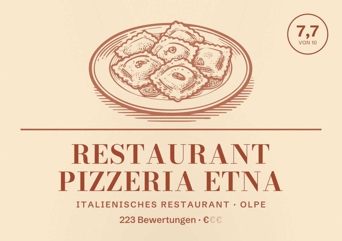 Illustriertes Poster von Restaurant Pizzeria Etna, Italienisches Restaurant in Olpe: Bewertung 7,7 von 10 aus 223 Bewertungen, Preisniveau €
