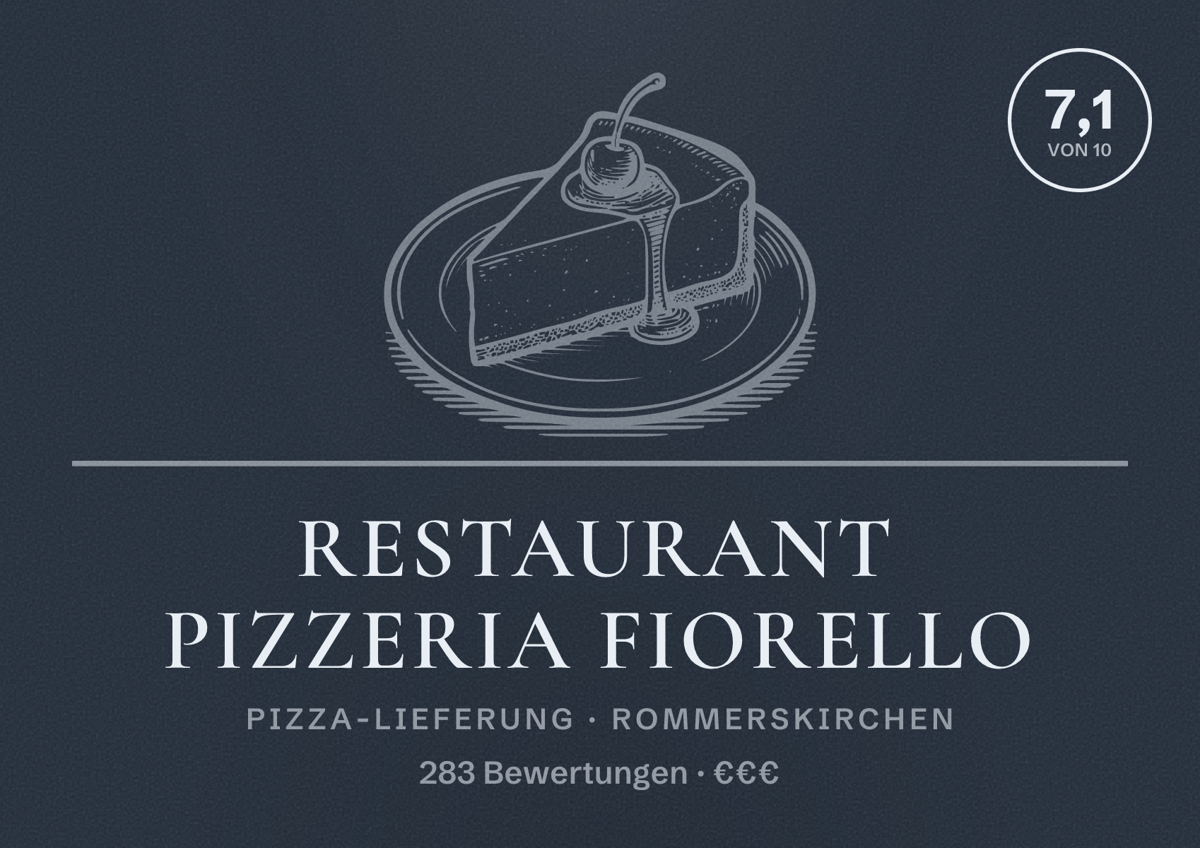 Illustriertes Poster von Restaurant Pizzeria Fiorello, Pizza-Lieferung in Rommerskirchen: Bewertung 7,1 von 10 aus 283 Bewertungen, Preisniveau €€€